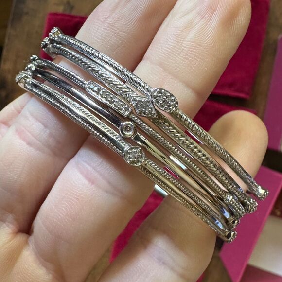 Set of 5 Affinity Diamond Sterling Silver Bangle Bracelets 925 Vintage 8 Inch - Picture 3 of 15